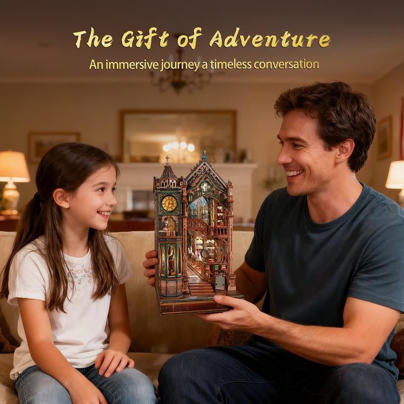 FUNPOLA Magic Library Book Nook Kit – LED 3D Wood Puzzle with Infinity Mirror – DIY Bookshelf Decor, Miniature Craft Gift for Kids and Adults