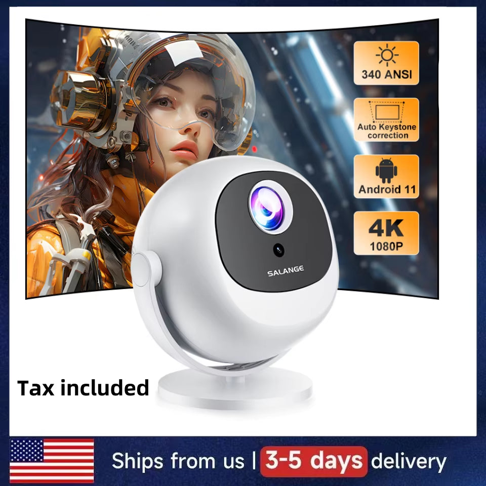 Native 1080P 340ANSI 4K Mini Projector Andorid TV11.0 P360 360° Beam Auto Keystone Wifi6 BT5.2 Portable Outdoor Movie