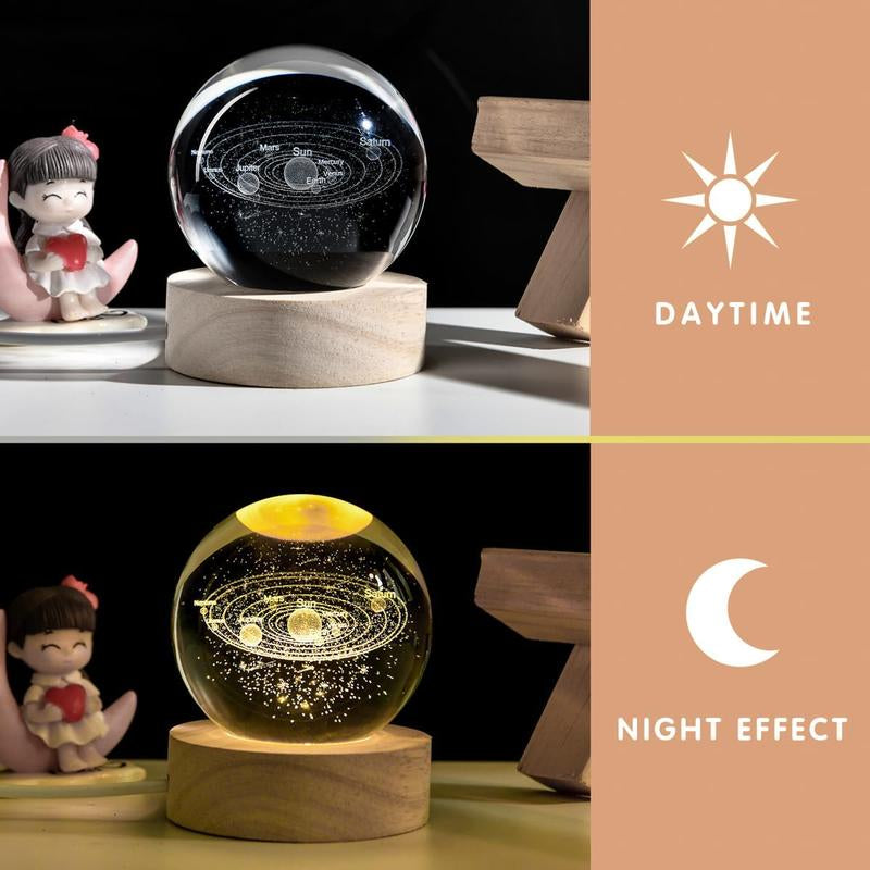 Luminous 3D Crystal Ball Lamp with Wooden Base, Creative Night Light for Bedroom, Gifts for Family and Friends