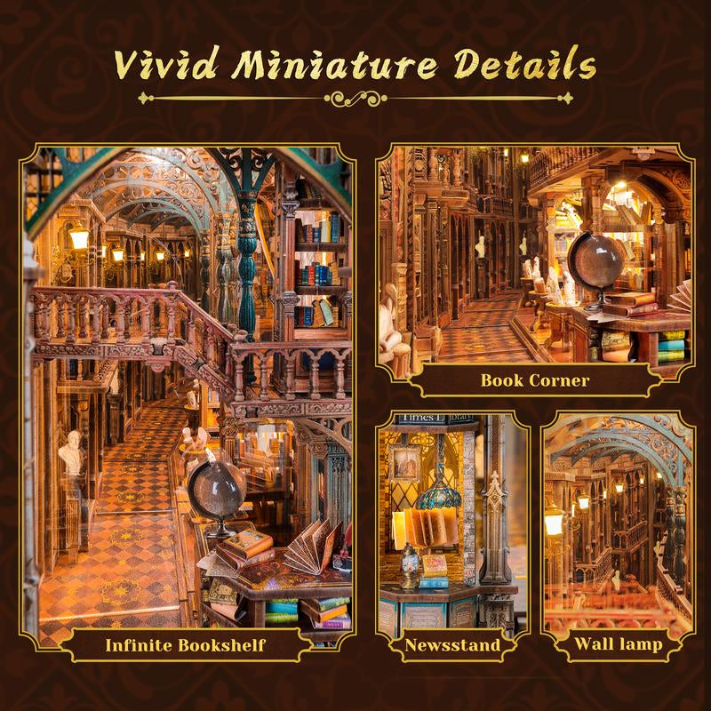 FUNPOLA Magic Library Book Nook Kit – LED 3D Wood Puzzle with Infinity Mirror – DIY Bookshelf Decor, Miniature Craft Gift for Kids and Adults