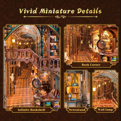 FUNPOLA Magic Library Book Nook Kit – LED 3D Wood Puzzle with Infinity Mirror – DIY Bookshelf Decor, Miniature Craft Gift for Kids and Adults