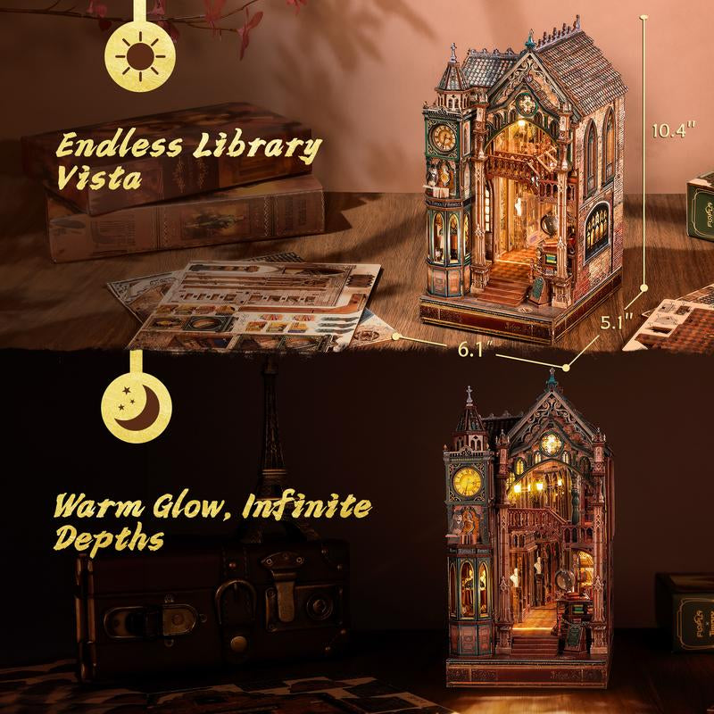 FUNPOLA Magic Library Book Nook Kit – LED 3D Wood Puzzle with Infinity Mirror – DIY Bookshelf Decor, Miniature Craft Gift for Kids and Adults