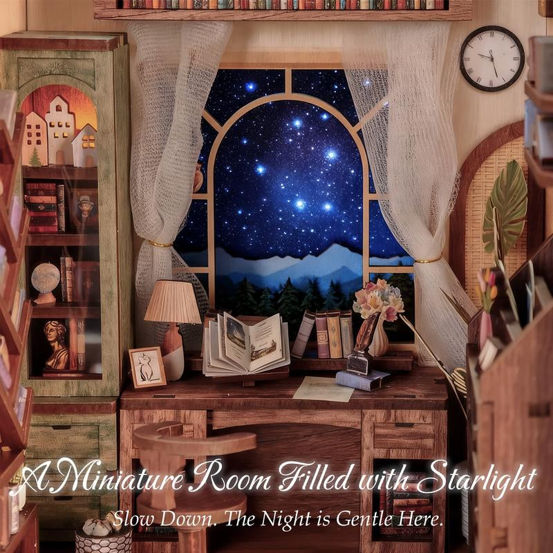 DIY Book Nook Kit for Adults, 3D Wooden Puzzle Booknook Miniature House Kit (Starlight Reading Nook)