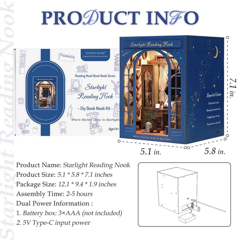 DIY Book Nook Kit for Adults, 3D Wooden Puzzle Booknook Miniature House Kit (Starlight Reading Nook)