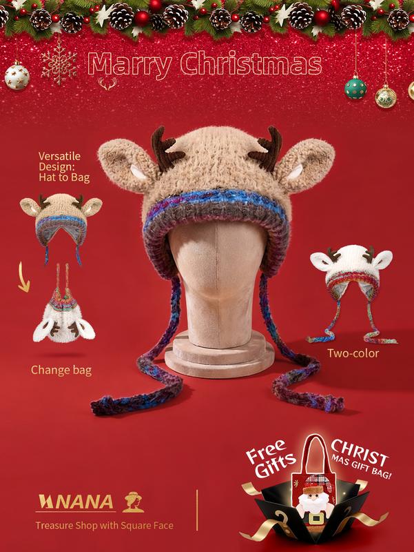 Original Design Festive Christmas Antler Hat (It Can Be Used，A Hat Has Multiple Uses.)Knitted Ear Protection Windproof Warm Hat Suitable for the Family It Can Be Worn by Adults , without Limiting the Circumference of the Head，For Thanksgiving & Christmas。