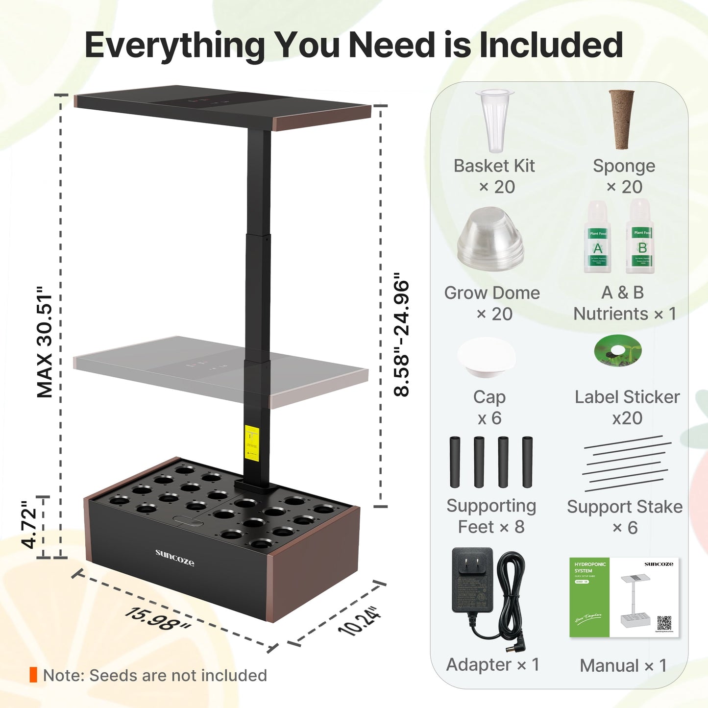 Hydroponics Growing System Kit, 20 Pod Indoor Herb Garden with 10L Water Tank and LED Grow Light, Black