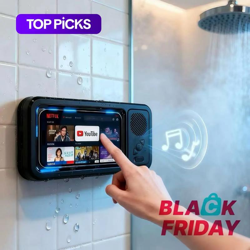 Waterproof Bluetooth-compatible Speaker with 360° Rotating Touch Screen, Shower TV-like Phone Mount for Video Viewing, Music & Bath Time in Bathroom, Kitchen & Pool, Waterproof Wireless Speaker