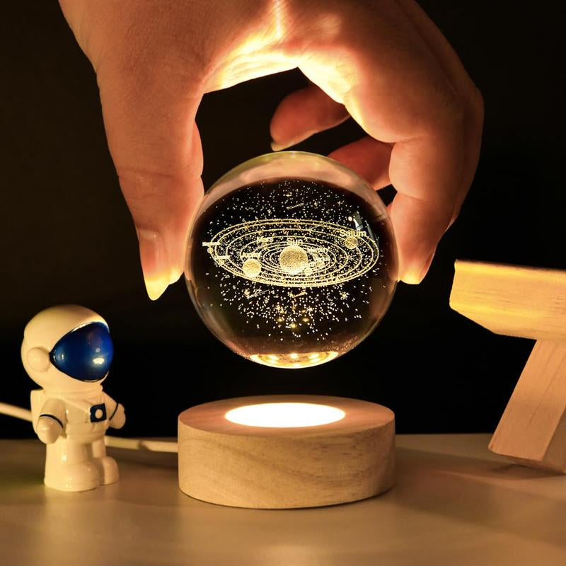 Luminous 3D Crystal Ball Lamp with Wooden Base, Creative Night Light for Bedroom, Gifts for Family and Friends