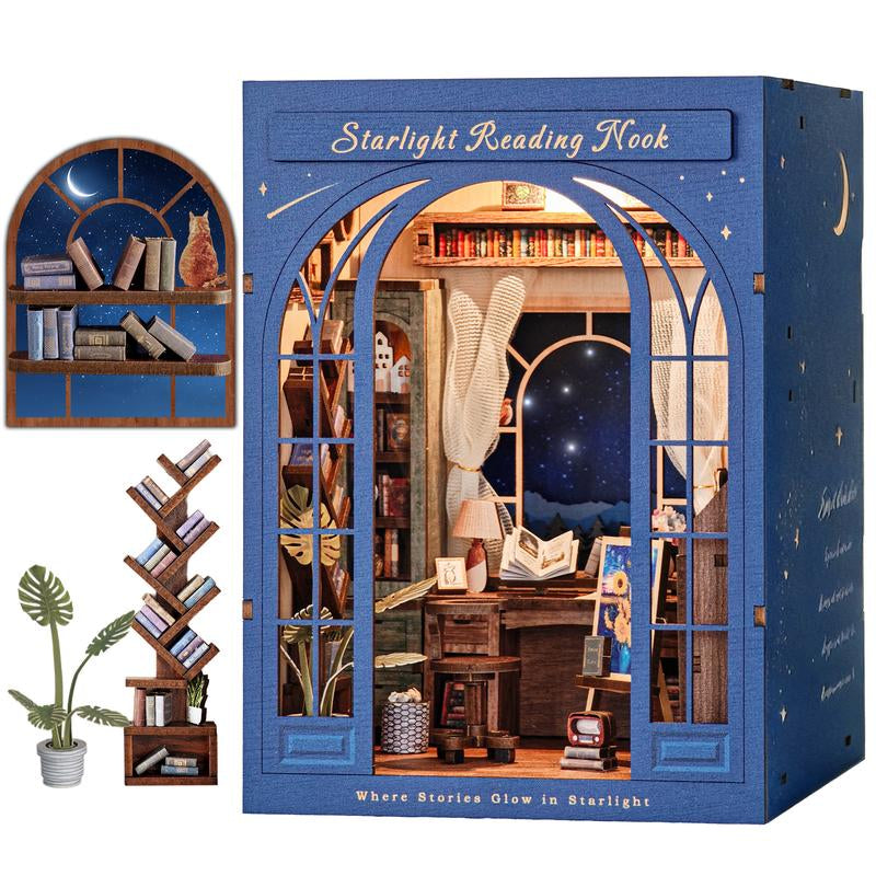 DIY Book Nook Kit for Adults, 3D Wooden Puzzle Booknook Miniature House Kit (Starlight Reading Nook)