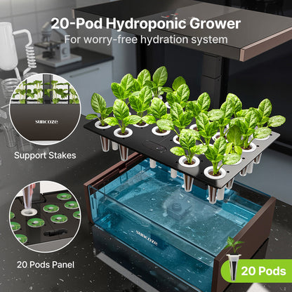 Hydroponics Growing System Kit, 20 Pod Indoor Herb Garden with 10L Water Tank and LED Grow Light, Black