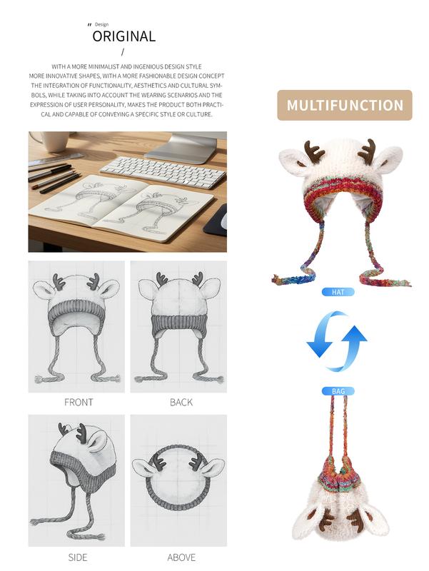 Original Design Festive Christmas Antler Hat (It Can Be Used，A Hat Has Multiple Uses.)Knitted Ear Protection Windproof Warm Hat Suitable for the Family It Can Be Worn by Adults , without Limiting the Circumference of the Head，For Thanksgiving & Christmas。